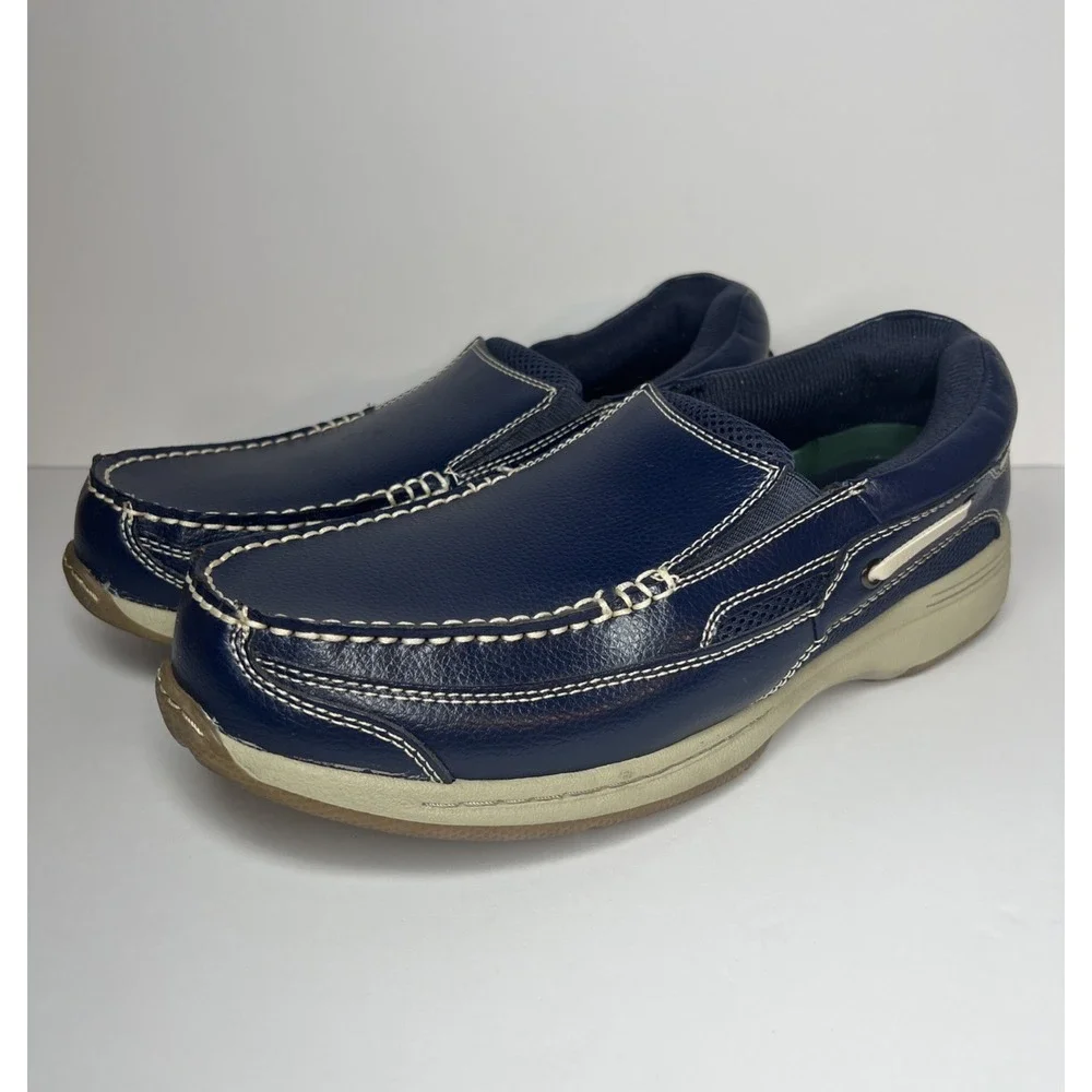 Dr Scholls Navy Blue Leather Slip On Loafers Mens 9 3E Wide Boat Shoes 42J-03
